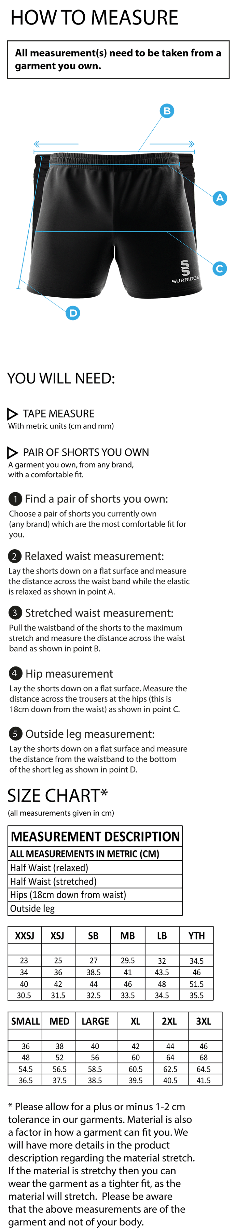 Premier Rugby Short White - Size Guide