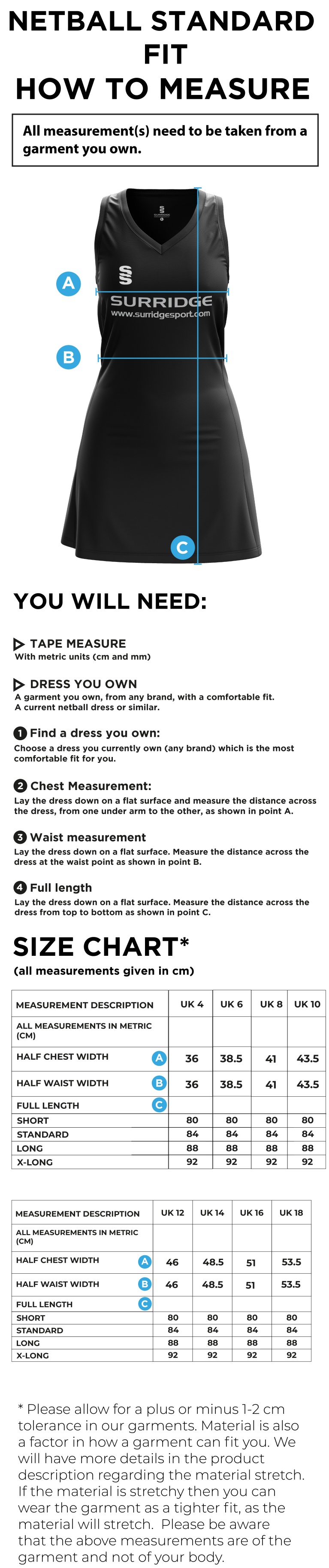 NETBALL DRESS STANDARD BACK STANDARD FIT - Size Guide