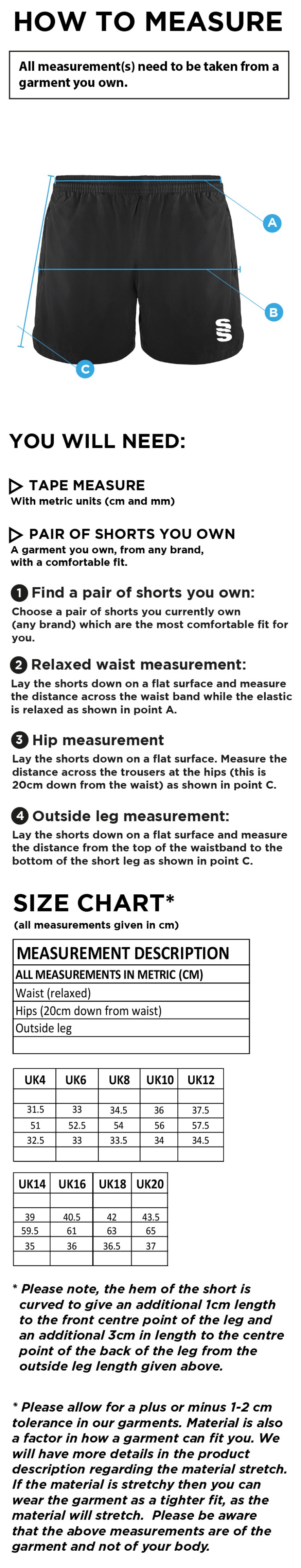 Performance Gym Short Womens - Navy - Size Guide