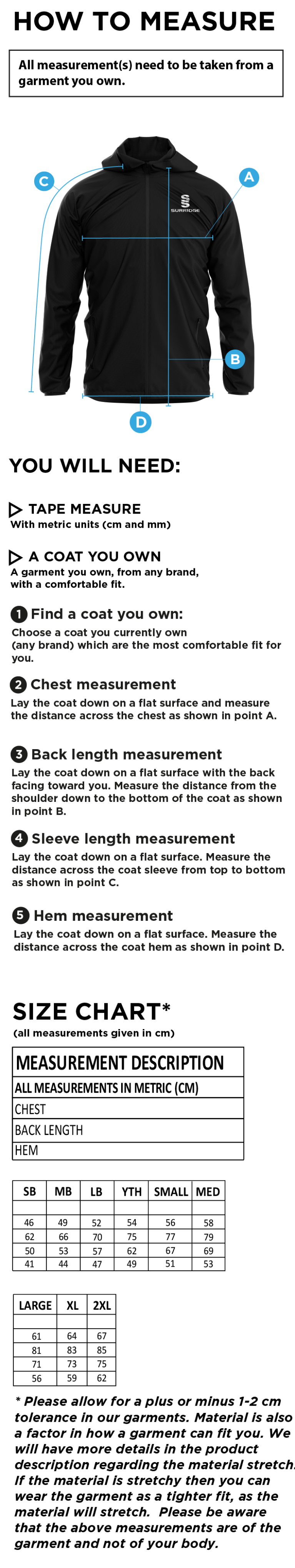 Dual Elite 1/4 Zip Hoody / Rain Jacket - Size Guide
