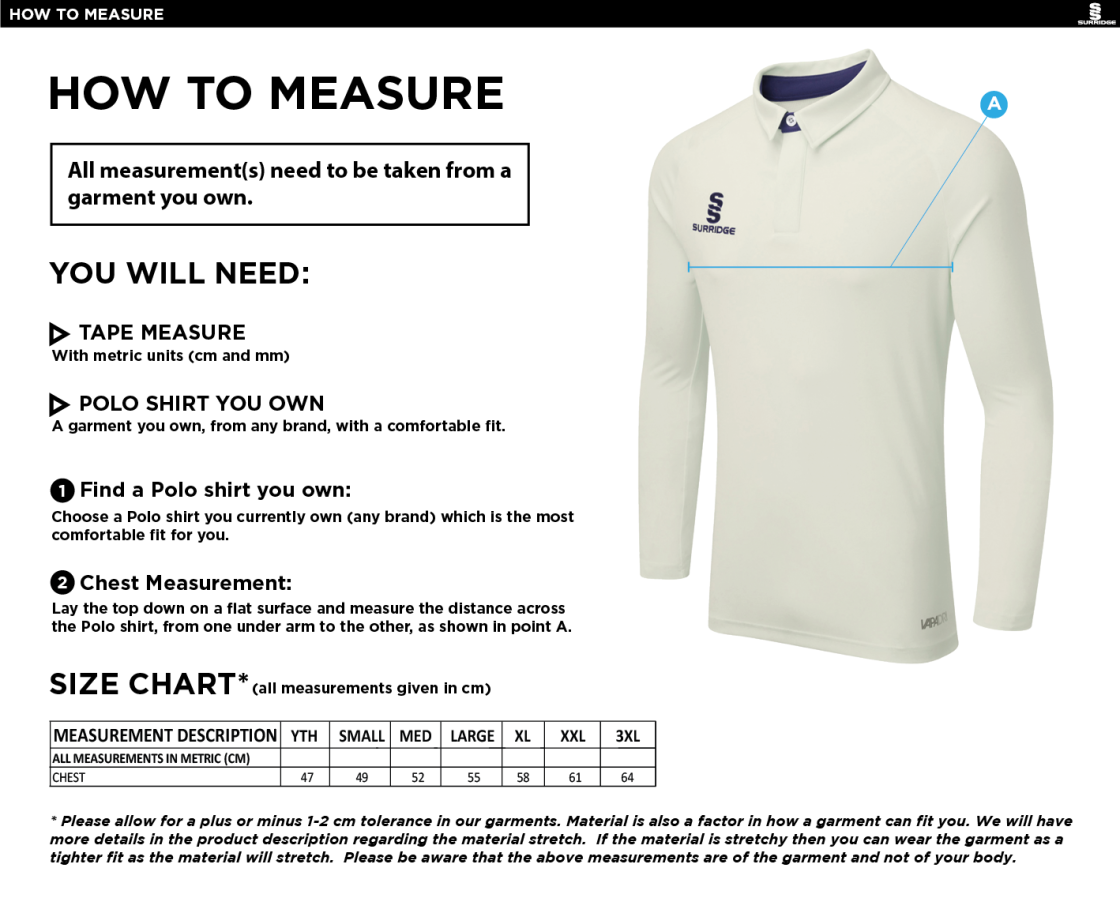 FUSE LONG SLEEVE CRICKET SHIRT - Size Guide