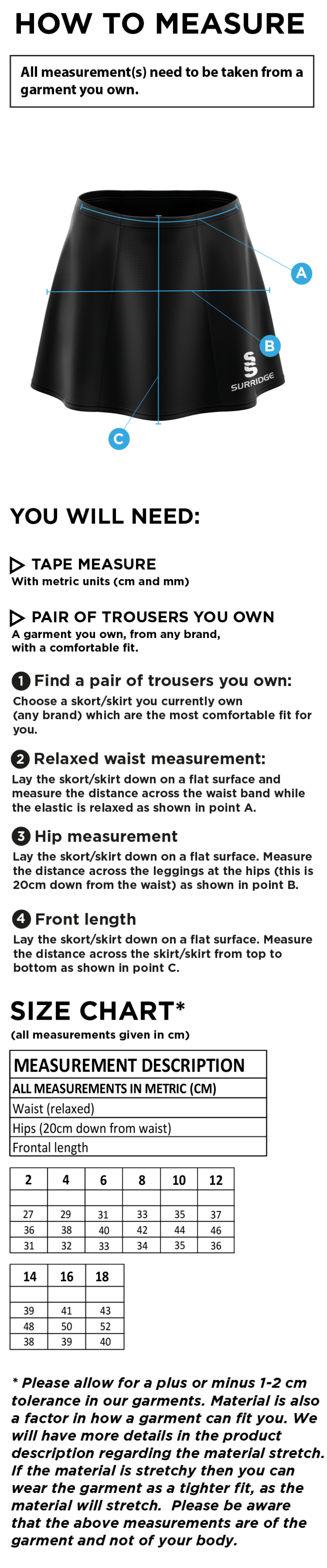 Blade Skort : Royal - Size Guide