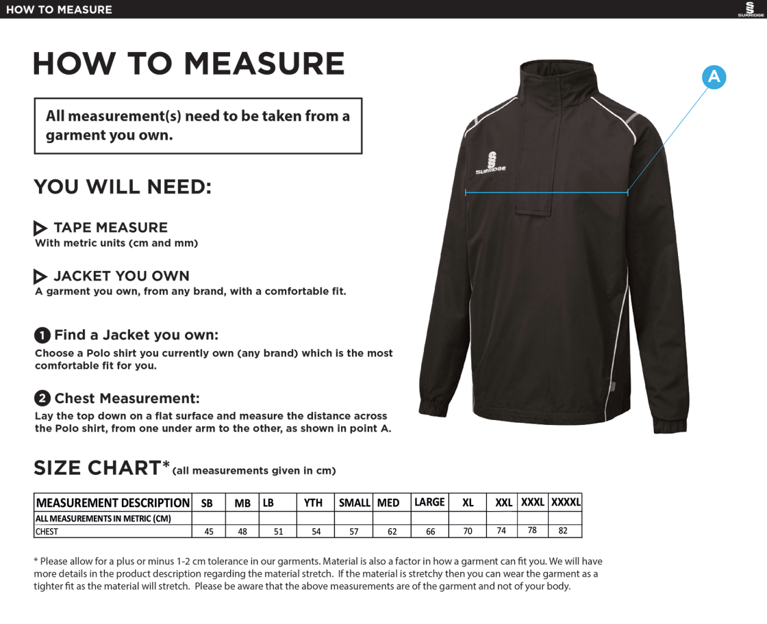 Curve 1/4 Zip Rain Jacket - Maroon - Size Guide