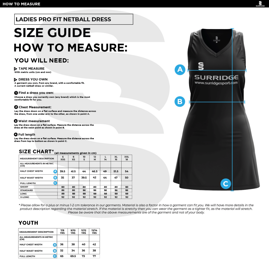 NETBALL DRESS STANDARD BACK - FAST TRACK - Size Guide