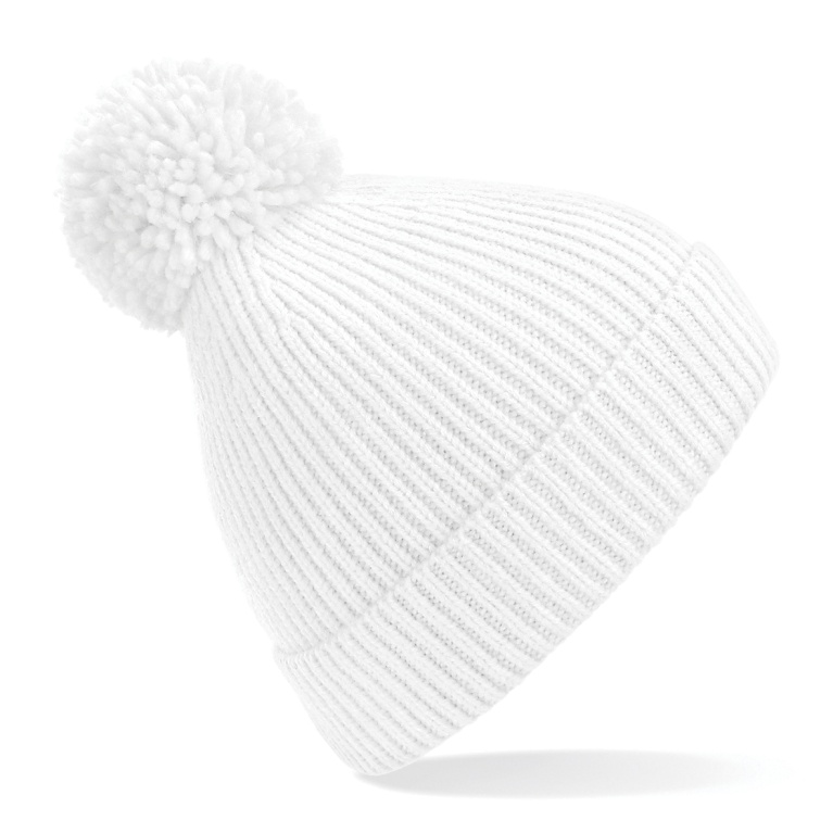 Engineered Knit Ribbed Pom Pom Beanie : White