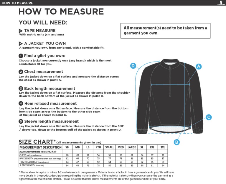 Dual Rowing Splash Jacket - Size Guide