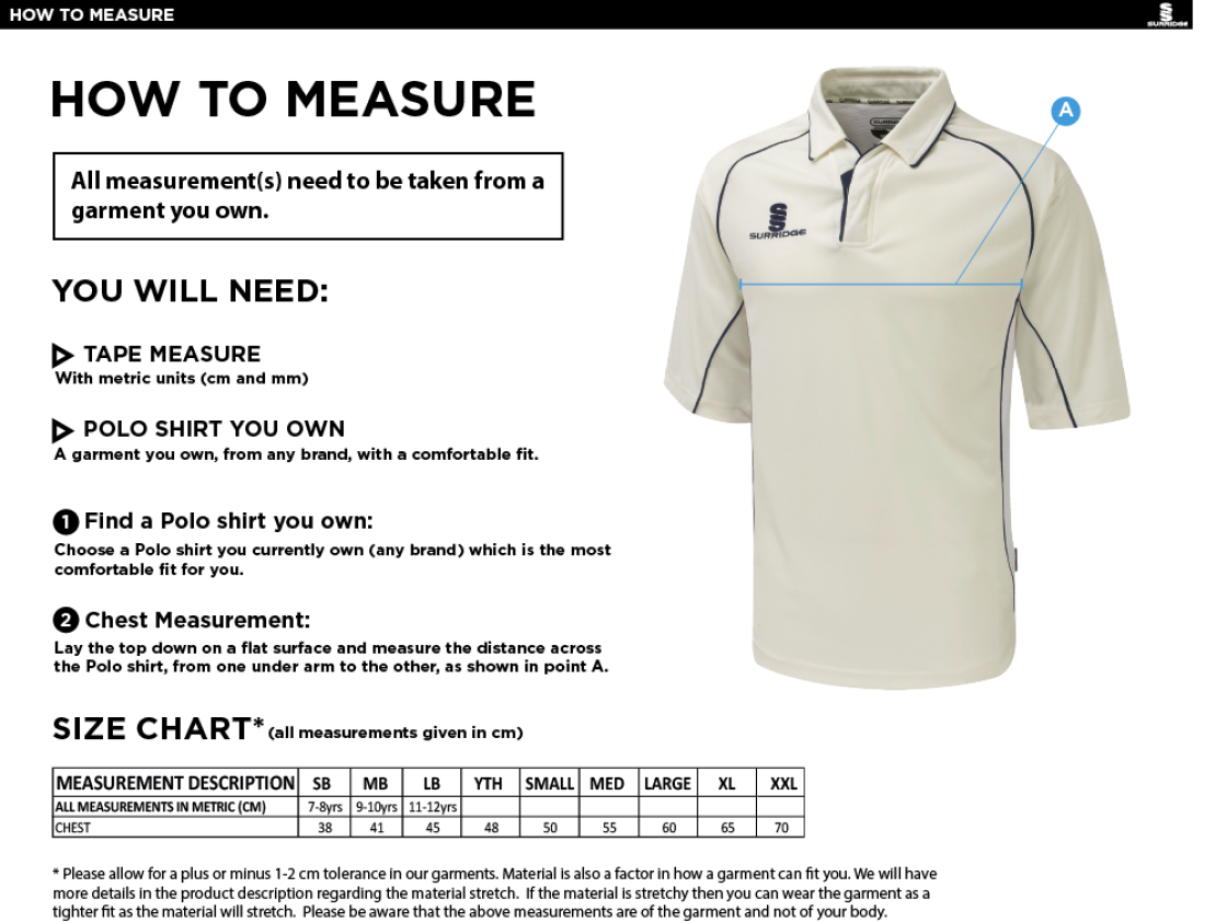 Premier Cricket Shirt - Short Sleeve White - Size Guide