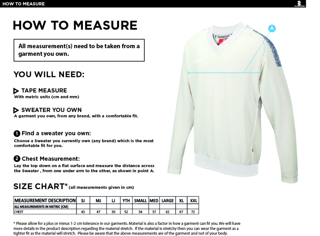 Blast Long Sleeve Cricket Sweater - Size Guide