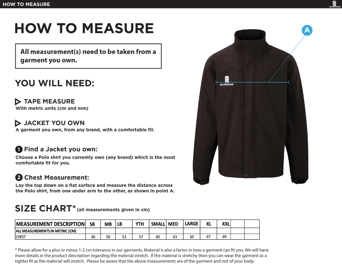 Softshell Bonded Jacket Black - Size Guide