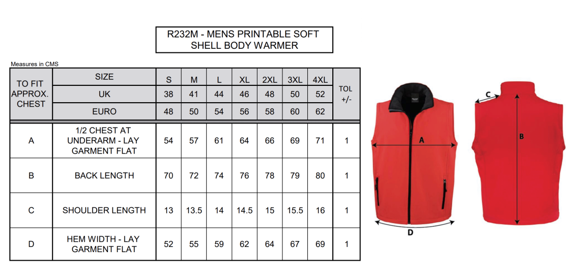 Core Printable Softshell Gilet Male: Red/Black - Size Guide