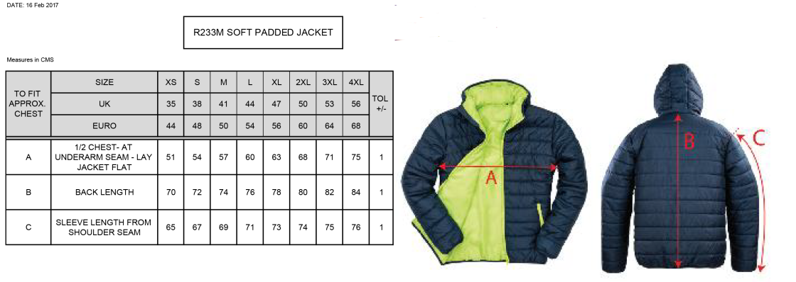 Supersoft Padded Jacket : Navy/Lime - Size Guide