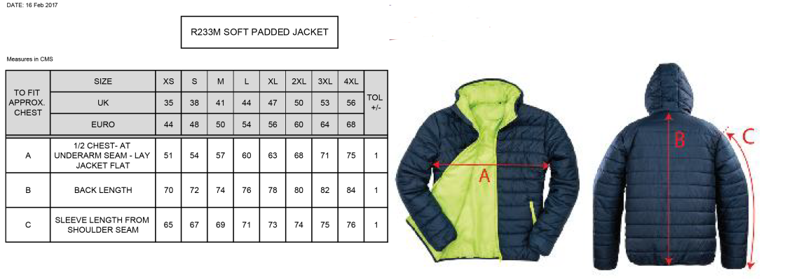 Supersoft Padded Jacket : Black/Orange - Size Guide