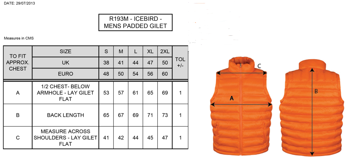 Padded Gilet : Orange - Size Guide