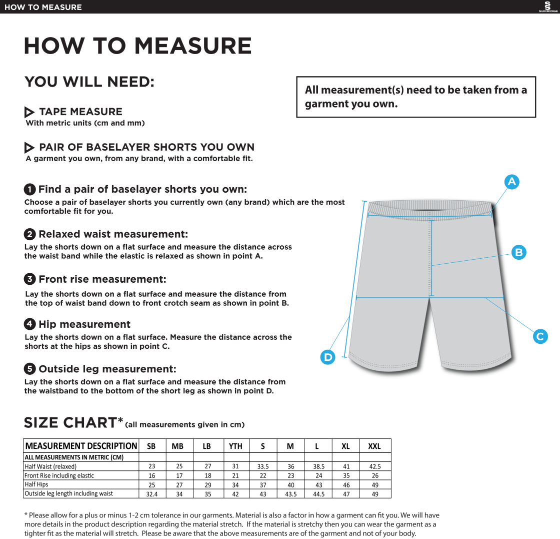 Dual Baselayer Short - Size Guide